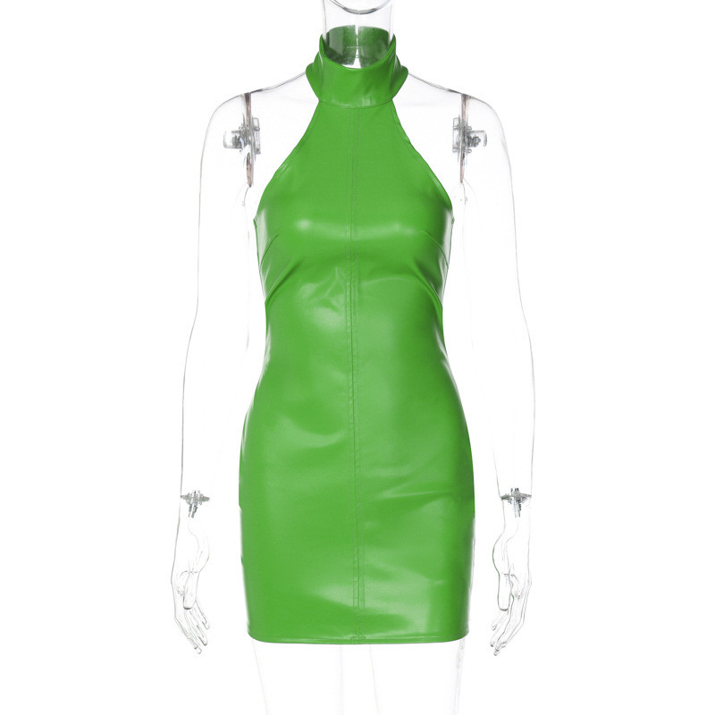 Fashion Faux Leather Open Back Zip Slim Fit Sleeveless Pack Hip Dress