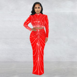 Fashion Women's Clothing Mesh Hot Drilling Perspective Long Sleeve Dress Two Piece Set