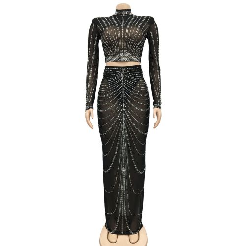 Fashion Women's Clothing Mesh Hot Drilling Perspective Long Sleeve Dress Two Piece Set