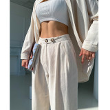 Linen Lapel Doll Sleeve Long Sleeve Shirt High Waist Straight Pants Casual Suit