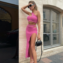 Solid Threaded One-Shoulder Vest Side Open Skirt Set