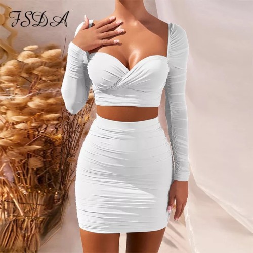Long-sleeved hip skirt sexy low-cut pleated two-piece dress