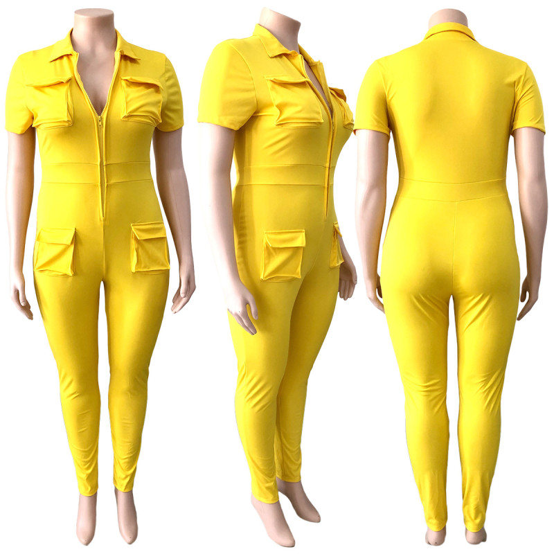 Plus size sexy zipper three-dimensional pocket jumpsuit