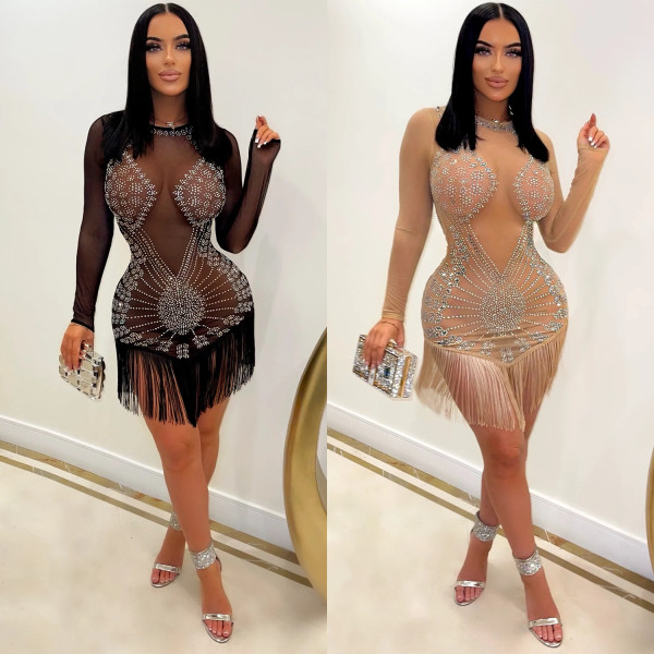 Fashion Sexy Mesh Hot Drilling Fringe Long Sleeve Ladies Dress