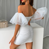 Temperament high-end wrap chest dress French white short skirt