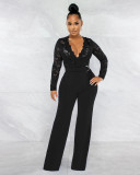 Fashion Sexy Casual Slim Fit V-Neck Lace Perspective Jumpsuit