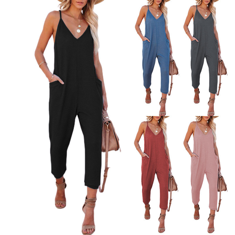 Solid Color Waffle Casual Fashion Solid Color V-Neck Sling Pocket Jumpsuit