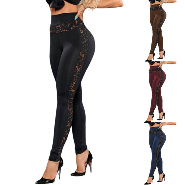 Solid Color Lace Stitching Hip Lift Sports Pants Yoga Pants Skinny Leggings Women's