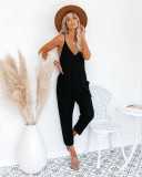 Solid Color Waffle Casual Fashion Solid Color V-Neck Sling Pocket Jumpsuit