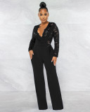 Fashion Sexy Casual Slim Fit V-Neck Lace Perspective Jumpsuit