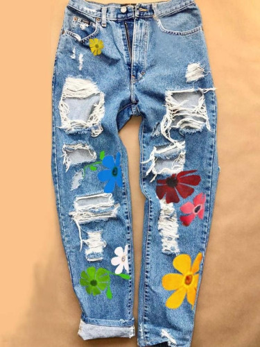 Printed hole fashion high waist all season straight women's jeans trousers