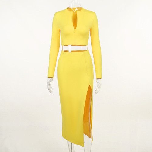 Knitted V-neck long sleeve shirt slit skirt suit fashion sexy suit