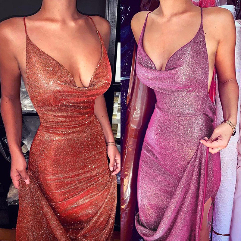 Sexy Spice Girl Style Pocket Neck Sparkling Pink Sling Dress Backless Strap Invisible Zipper Long Dress