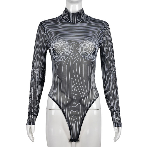 Mesh stripe print perspective sexy long sleeve high neck crotch women's dress