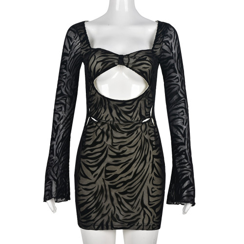 Wrap chest skirt sexy mesh flocking sleeve hollow street wrap hip skirt