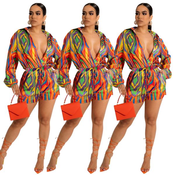 Colorful Irregular Ripple Print Long Sleeve Shirt Lace Up Shorts Beach Two-Piece Set