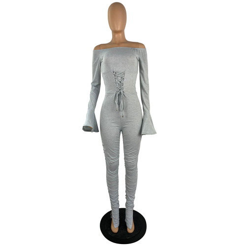 Flared Sleeve Narrow Waist Eyelet Strap Wrinkled Sexy Bodysuit