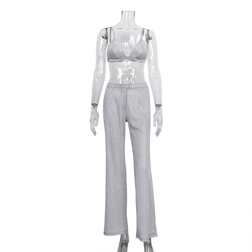 Camisole Slim Fit Straight High Waist Pants Sexy Sequin Pant Set