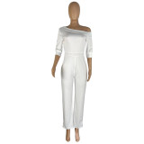 Solid Zip Slant-Shoulder Straight Jumpsuit