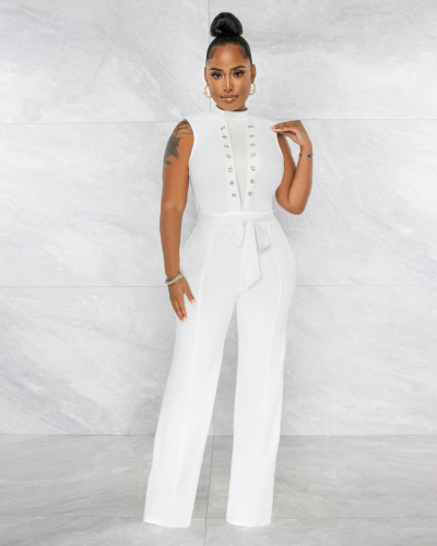Women's Sexy Solid Color Sleeveless Round Neck One Piece Wide Leg Pants