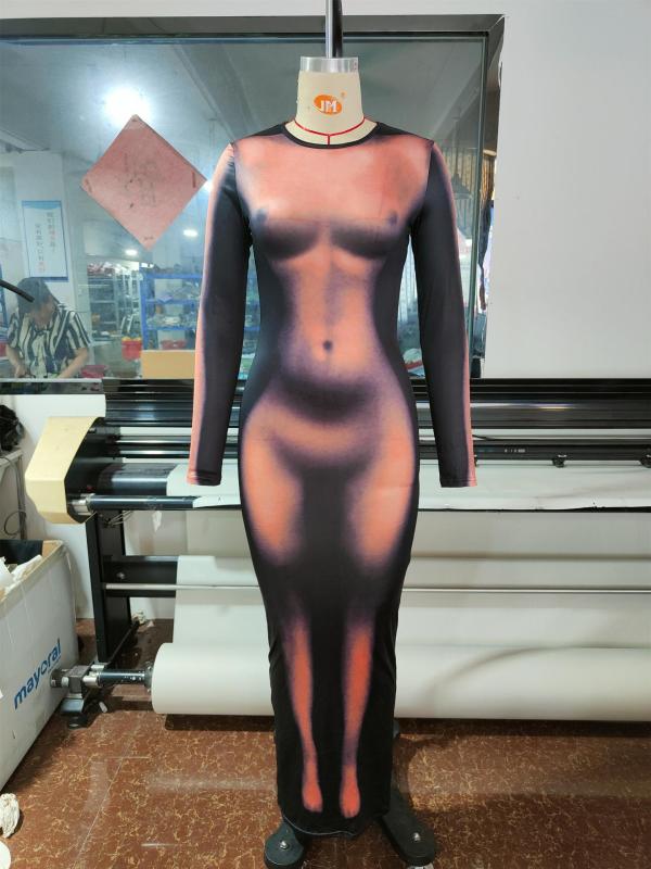 Casual Women Fashion Portrait Realistic Digital Printing Long Sleeve Dress