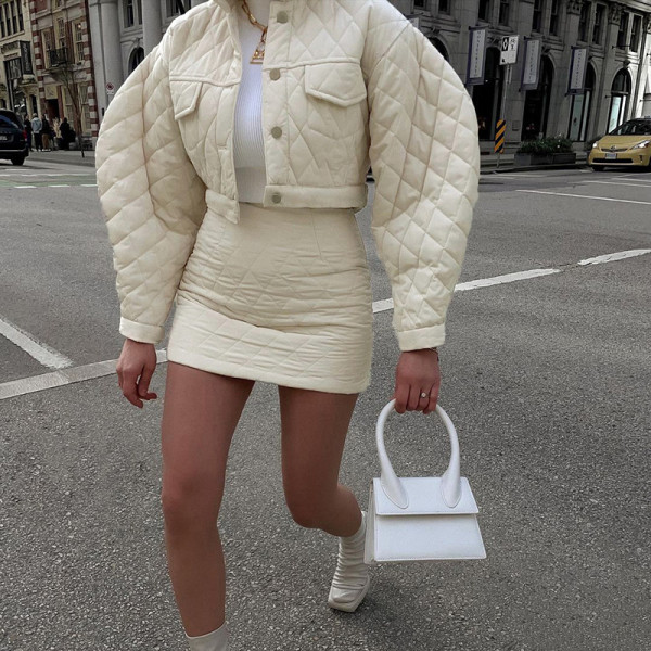 Breasted Lapel Long Sleeve Padded Jacket Top Diamond Casual Solid Color Skirt