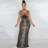 Hot drilling sexy sling chest wrapped gauze perspective long dress