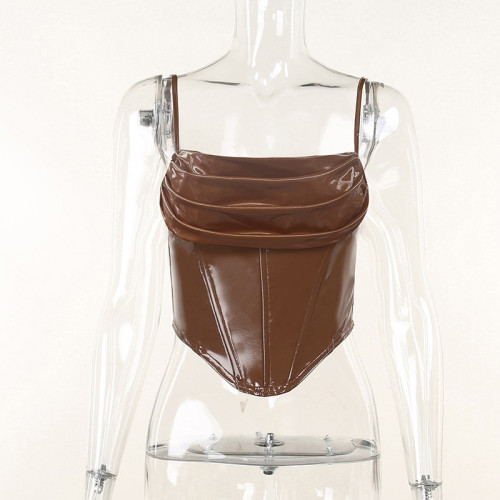 Leather Skinny Gathered Tunic Show Bust Open Back Metal Zip Top