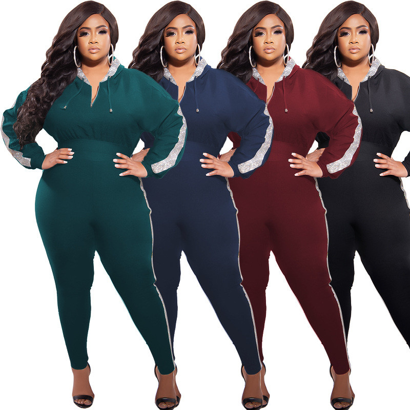 Solid Color Patchwork Hooded Fashion Skinny Plus Size Women's Suit