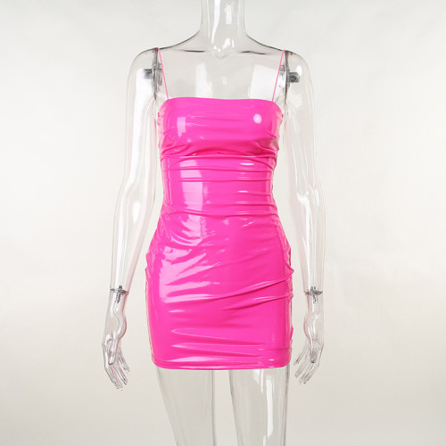 Sexy tube top pu leather zipper bag hip skirt short backless suspender dress