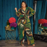 Abstract Deep V Neck Belted Loose Fashion Plus Size Jumpsuit