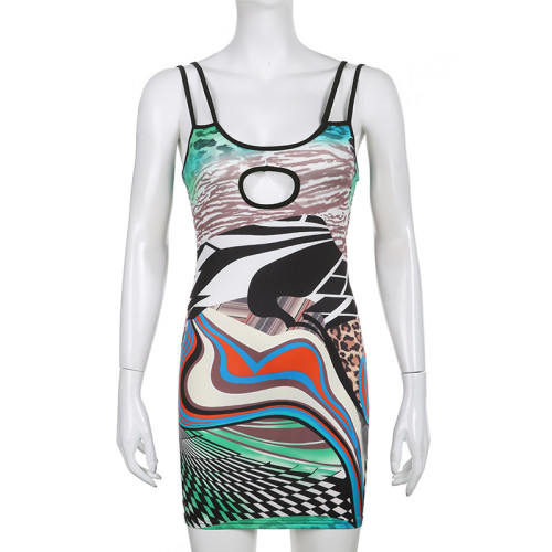 Irregular Print Contrast Color Hollow Slim Fit Sling Dress Package Hip Short Skirt