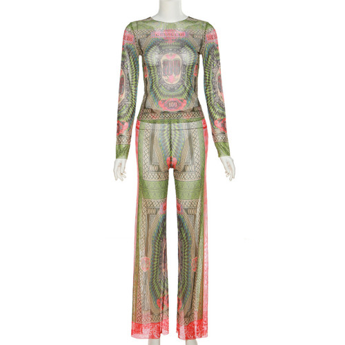Fashion Print Sexy Sheer Long Sleeve Top High Waist Slim Fit Long Suit