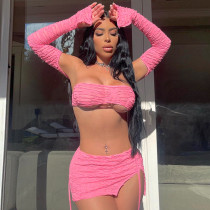 One-word sexy tube top ultra-short tight waist tie wrap hip skirt suit