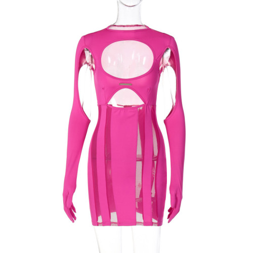 Round neck long-sleeved mesh stitching hollow perspective sexy tight-fitting hip dress