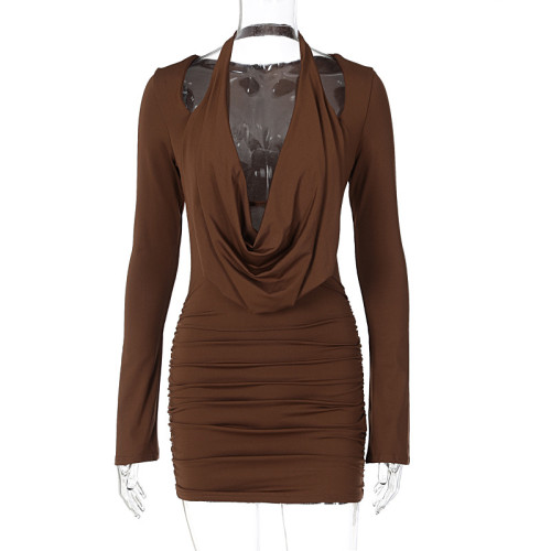 Sexy Hot Girl Swing Collar, Leaky Chest, Waist, Slim Fit, Slim, Wrinkled Hip Dress