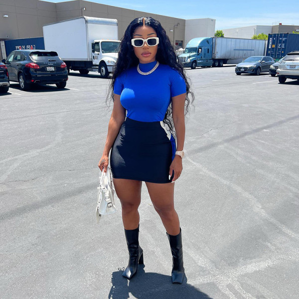 Women's fashion solid color round neck short sleeve T-shirt high waist bag hip skirt two-piece set