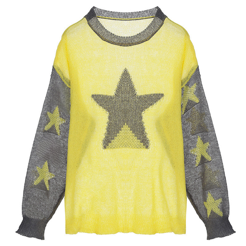 Five-pointed star pattern hollow color matching thin sun protection shirt loose pullover sweater
