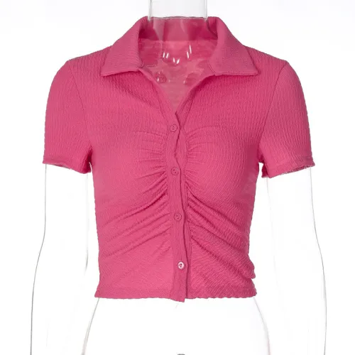 Solid Color Lapel Short Slim Fit Buttoned Cardigan Short Sleeve T-Shirt