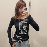 Abstract Letter Print Crew Neck Long Sleeve Slim Fit Bottoming Shirt Top T-Shirt