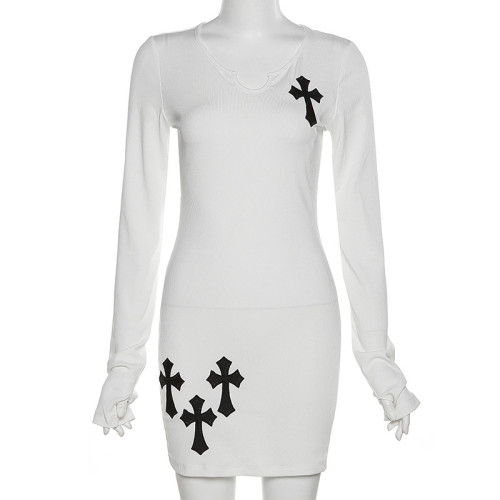 Women's Fashion Solid Color Round Neck Long Sleeve Embroidered Slim Fit Hip Dress
