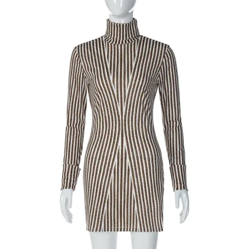 High-neck long-sleeved fashion personalized print sexy bag hip side slit dress