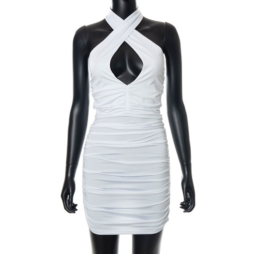 Solid Color Cross Gathering Dress Sexy Pack Hip Skirt