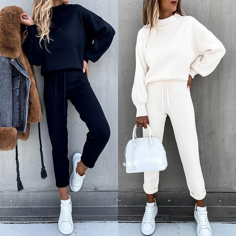 Two piece turtleneck casual solid color trousers with pockets