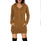 Ladies Fashion Solid Color Pocket Hoodie Loose Mid Length