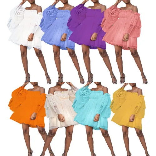 Solid Color High Waist Off Shoulder Elegant Commuter Dress