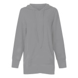 Ladies Fashion Solid Color Pocket Hoodie Loose Mid Length