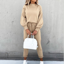 Two piece turtleneck casual solid color trousers with pockets
