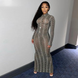 Women's sexy mesh perspective nightclub long sleeve dress