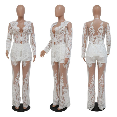 Sexy cardigan long sleeve top perspective wide leg pants embroidered two-piece set